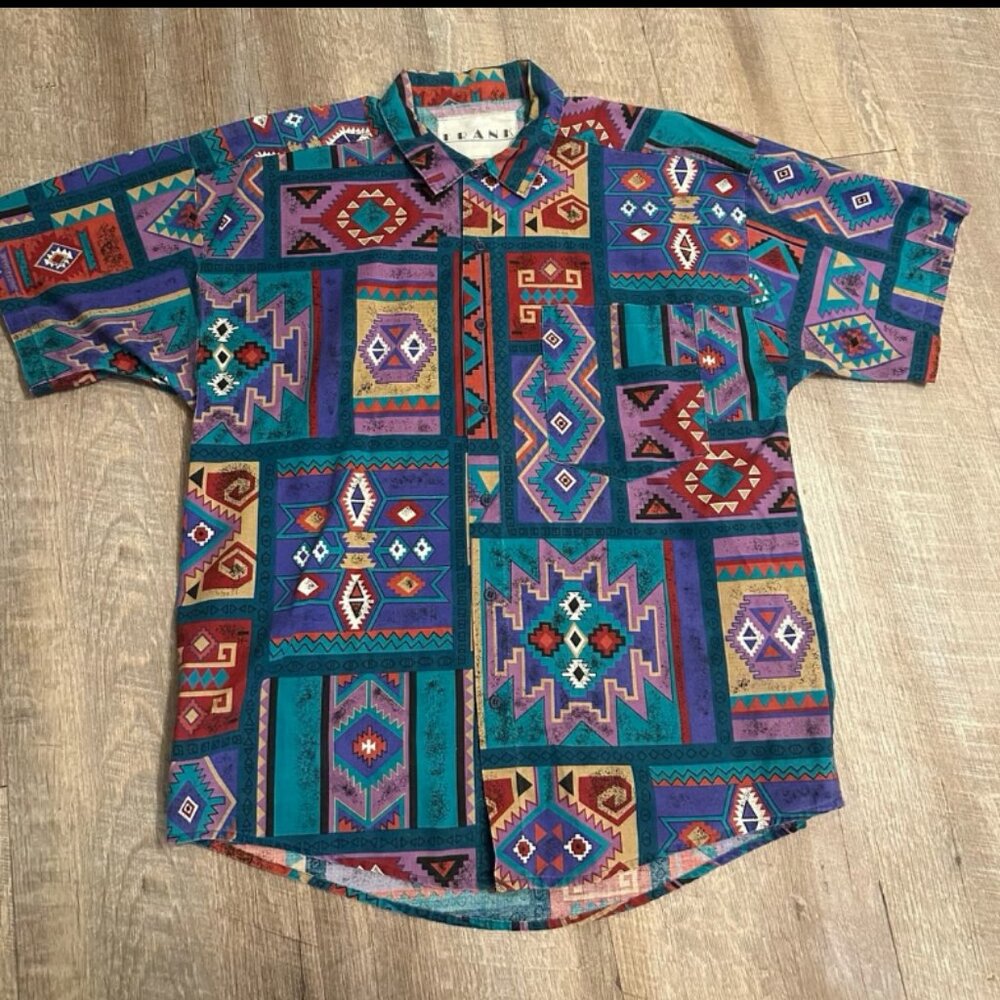 Vintage Frank Aztec Print Button Up Shirt Men's L Cotton USA 90s